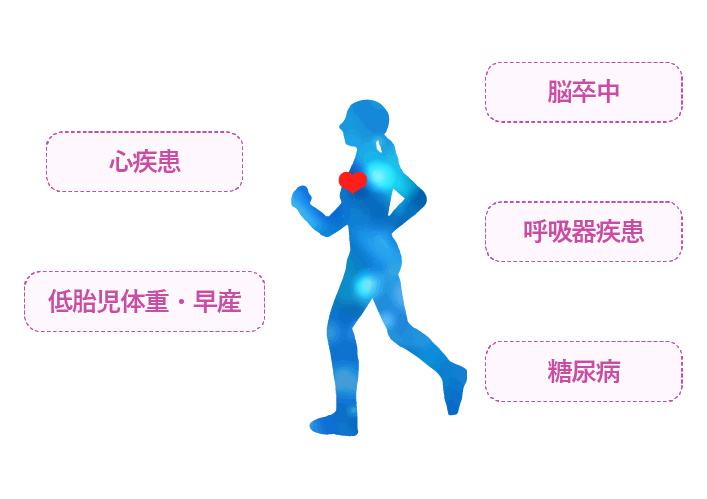 心疾患、低胎児体重・早産、脳卒中、呼吸器疾患、糖尿病